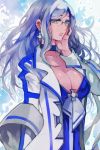  artist_request bow breasts choker cleavage collar earrings glasses grey_eyes grey_hair jewelry large large_breasts long_hair looking_at_viewer lowres simple_background solo sword_girls 