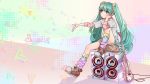  electric_guitar green_eyes green_hair guitar hatsune_miku heart hearts highres instrument long_hair masami_chie pink scrunchie shorts sitting socks solo speaker twintails very_long_hair vocaloid 