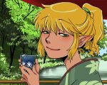  alternate_costume blonde_hair blush cup green_eyes japanese_clothes lips lipstick makeup mizuhashi_parsee onikobe_rin pointy_ears ponytail short_hair smile solo touhou 