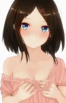  96tuki black_hair blue_eyes blush breasts bust cleavage collarbone hair_ornament hairclip highres light_smile off_shoulder original simple_background solo white_background 