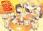  6+girls all_fours animal_ears ass belt blade_(lovewn) blonde_hair cat_ears cat_tail climbing clone closed_eyes detached_sleeves elbow_gloves eyes_closed fangs gloves green_eyes hair_ornament hairclip in_bowl in_container kagamine_len kagamine_rin kemonomimi_mode midriff minigirl multiple_girls navel neckerchief open_mouth paw_gloves paw_print shirt short_hair shorts sitting sleeping sleeveless sleeveless_shirt smile stretch symbol-shaped_pupils tail vocaloid 
