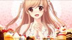  brown_eyes brown_hair dessert food game_cg hair_ribbon hands_clasped hatsukoi_1/1 heart heart-shaped_pupils koizumi_amane long_hair morino_yukino ribbon saliva symbol-shaped_pupils two_side_up 