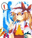  1girl :t ascot bad_id blonde_hair blush bow crystal eating flandre_scarlet fumiko_(miruyuana) hat hat_bow highres multicolored_eyes pointy_ears purple_eyes red_eyes shaved_ice short_hair short_sleeves side_ponytail slit_pupils solo spoken_exclamation_mark touhou violet_eyes wavy_mouth wings wrist_cuffs 
