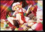  ascot blonde_hair cake candy cream_puff crystal flandre_scarlet food fruit hat hat_ribbon lollipop puffy_sleeves red_eyes ribbon ryuushou short_sleeves side_ponytail sitting solo strawberry sweets tongue touhou wings 