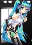  aqua_hair bridal_gauntlets character_name green_eyes hasshin_aki_ichi hatsune_miku hatsune_miku_(append) highres long_hair miku_append necktie smile solo thigh-highs thighhighs twintails very_long_hair vocaloid vocaloid_append 