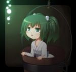  blush bucket collarbone curious green_eyes green_hair hair_bobbles hair_ornament in_bucket in_container kagesaki-ice kisume long_sleeves open_mouth short_hair solo touhou twintails 