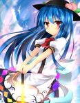  blue_hair blush bow cloud clouds food fruit hat hinanawi_tenshi leaf long_hair peach puffy_sleeves red_eyes short_sleeves sky solo sword sword_of_hisou touhou weapon yarawi 