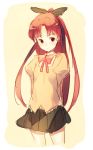  arms_behind_back bow coy hair_bow long_hair mahou_shoujo_madoka_magica out_of_character ponytail red_eyes red_hair redhead sakura_kyouko shy skirt solo twintails weee_(raemz) 