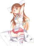  arms_behind_head arumi_(arumi-ke) asuna_(sao) brown_eyes brown_hair detached_sleeves long_hair looking_at_viewer panties simple_background smile solo sword sword_art_online thigh-highs thighhighs underwear weapon white_background white_legwear white_panties 