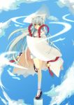  animal_ears cat_ears clog_sandals cloud clouds highres japanese_clothes leg_lift long_hair looking_at_viewer original sechichi_xd sky solo standing_on_one_leg white_hair yellow_eyes 