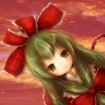  amanojaku bow dress frills front_ponytail green_eyes green_hair hair_bow hair_ornament hair_ribbon highres kagiyama_hina long_hair red_dress ribbon smile solo sunset tears touhou 