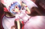  bad_id bat_wings blue_hair blush clock clock_tower fang hat kane-neko moon puffy_sleeves red_eyes red_moon remilia_scarlet short_hair short_sleeves smile solo touhou tower wings wrist_cuffs 