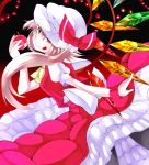  apple ascot bad_id blonde_hair bow crystal flandre_scarlet food fruit fumiko_(miruyuana) hat hat_bow pantyhose puffy_sleeves red_eyes short_sleeves side_ponytail solo tongue touhou wavy_mouth wings wristband 