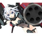  1girl blue_eyes bodysuit breasts cleavage clothed_navel date_a_live dutch_angle gun headgear highres minigun open_mouth short_hair simple_background solo thigh_strap thighhighs tobiichi_origami tsunako weapon white_background white_hair 