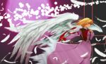  angel_wings blonde_hair bowtie dress feathered_wings feathers full_moon gengetsu highres kanimiso moon pink_dress profile ribbon short_hair solo title_drop touhou touhou_(pc-98) wind wings yellow_eyes 