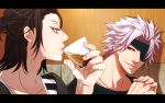  2boys brown_hair chousokabe_motochika_(sengoku_basara) drinking eyepatch ice mouri_motonari multiple_boys ritsu_(heavend) sengoku_basara silver_hair white_hair 