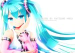  aqua_eyes aqua_hair character_name detached_sleeves exiled-artist hatsune_miku highres long_hair looking_at_viewer signed simple_background smile solo twintails vocaloid watermark white 