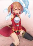  3: black_legwear blush breastplate brown_hair fingerless_gloves gloves looking_at_viewer pina_(sao) red_eyes short_twintails silica sitting sword_art_online thigh-highs thighhighs twintails willgoon 