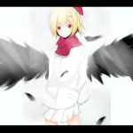  alternate_costume blonde_hair feathers hair_ornament hairpin highres long_sleeves red_eyes rumia scarf short_hair smile solo standing sweater touhou tp65pxu4 white_background wings 