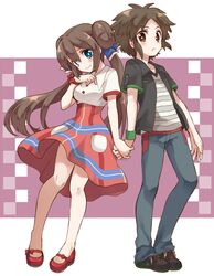  1girl alternate_costume bare_legs blue_eyes brown_eyes brown_hair couple double_bun dress hand_holding holding_hands irouha jacket kyouhei_(pokemon) long_hair looking_at_viewer mei_(pokemon) pokemon pokemon_(game) pokemon_bw2 pokewood ribbon short_hair smile twintails very_long_hair wristband 