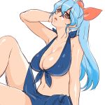  alternate_hairstyle bikini blue_hair bow breasts cleavage front-tie_top hair_bow halter_top halterneck kamishirasawa_keine large_breasts long_hair navel parted_lips ponytail rough sitting solo swimsuit touhou white_background yumiya 
