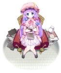  argyle blue_eyes blush book chair crescent cup dress hat highres holding holding_book kettle long_hair looking_at_viewer open_book patchouli_knowledge pikazo plate purple_hair sitting solo teacup touhou 