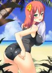  :d adjusting_swimsuit ahoge alice_wishheart ass beach black_swimsuit breasts earrings flower green_eyes hair_flower hair_ornament iroha_(unyun) jewelry large_breasts looking_at_viewer looking_back magical_halloween one-piece_swimsuit open_mouth palm_tree red_hair redhead short_hair smile solo swimsuit towel tree 