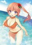 :d bikini blurry blush breasts cleavage depth_of_field flower hair_flower hair_ornament large_breasts long_hair looking_at_viewer midorikawa_you navel ocean open_mouth orange_hair original partially_submerged pink_hair ponytail purple_eyes side_ponytail smile solo swimsuit violet_eyes water 