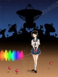  apple closed_eyes eyes_closed food fruit fuura_kafuka headphones highres pleated_skirt radio_telescope ringo_mogire_beam sayonara_zetsubou_sensei school_uniform serafuku skirt star_(sky) waveform 