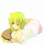  ass bare_ass bottomless breasts cleavage dress_shirt flower green_hair kazami_yuuka naked_shirt no_bra no_panties pillow sen1986 shirt sleepy solo sunflower touhou wink 