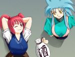  arms_behind_head blue_hair bottle cr4781 hair_bobbles hair_ornament multiple_girls onozuka_komachi red_eyes red_hair redhead ryouko_(tenchi_muyou!) sake_bottle short_hair short_twintails smile spiked_hair spiky_hair tenchi_muyou! through_wall touhou twintails wink yellow_eyes 