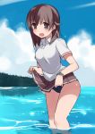  :d bracelet brown_eyes brown_hair cloud clouds hair_ornament hairclip jewelry kyouno_madoka long_hair mizuki_(koko_lost) open_mouth pleated_skirt rinne_no_lagrange school_uniform skirt skirt_lift sky smile solo swimsuit swimsuit_under_clothes wading water 