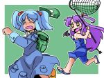  &gt;:3 2girls :3 backpack bag blush_stickers closed_eyes crossover demon_tail demon_wings eyes_closed fang hair_bobbles hair_ornament hat hat_removed headwear_removed horns kawashiro_nitori long_hair long_sleeves multiple_girls net open_mouth ponytail purple_hair running sandals sengoku_collection short_hair simple_background suspenders tail tears touhou tsukahara_bokuden tsukahara_bokuden_(sengoku_collection) twintails wavy_mouth wings zassou_maruko 