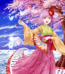  bow butterfly cherry_blossoms cloud clouds detached_sleeves fan flower hair_ornament hieda_no_akyuu highres insect japanese_clothes long_skirt masa07240 mount_fuji open_mouth pink_eyes pink_hair scroll short_hair skirt sky solo sun touhou tree water wide_sleeves 