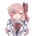  1girl blush braid commentary commentary_request girls_frontline hair_ornament hair_ribbon hairclip hexagram jingo long_hair looking_at_viewer negev_(girls_frontline) pink_eyes pink_hair pov ribbon side_ponytail simple_background smile star_of_david 