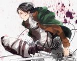  1boy 3dmg ascot belt black_eyes black_hair blood blood_on_face boots cape jacket levi_(shingeki_no_kyojin) npa shingeki_no_kyojin solo sword thigh_strap weapon wire 