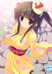  black_hair breasts hair_ribbon ikusan japanese_clothes kimono large_breasts long_hair mask obi original purple_eyes ribbon smile solo two_side_up violet_eyes yukata 