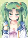  blush breasts c_chat character_request cleavage copyright_request green_background green_eyes green_hair hair_ornament long_hair mikii school_uniform solo two_side_up 