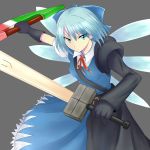  adapted_costume advent_cirno blue_eyes blue_hair bow cirno detached_wings dual_wielding hair_bow highres ice ice_wings long_sleeves puffy_sleeves short_sleeves solo sword touhou tsukigano weapon wings 