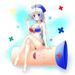  alternate_costume arm_support bare_legs barefoot bikini blush breasts cleavage collarbone crossed_legs front-tie_top hat large_breasts legs long_hair long_legs open_mouth osashin_(osada) red_cross shiny shiny_skin side-tie_bikini sideboob silver_hair sitting smile solo strap_gap swimsuit syringe thighs touhou very_long_hair yagokoro yagokoro_eirin 