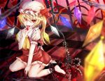  ascot bad_id blonde_hair chain chains crystal cuffs flandre_scarlet hat hat_ribbon kneeling laevatein open_mouth puffy_sleeves red_eyes ribbon short_hair short_sleeves side_ponytail solo tongue touhou wakame_mi wings 