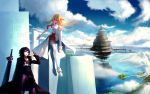  1girl aincrad asuna_(sao) black_hair blackrabbitsoul blonde_hair cloud clouds fingerless_gloves gloves kirito long_hair short_hair sitting sky sword sword_art_online thigh-highs thighhighs title_drop wallpaper weapon white_legwear 