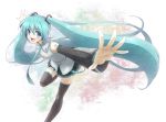  aqua_eyes aqua_hair detached_sleeves hatsune_miku long_hair looking_at_viewer mamesan1 necktie open_mouth outstretched_arms skirt solo spread_arms thigh-highs thighhighs twintails very_long_hair vocaloid 