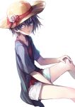  :p black_hair blue_eyes earrings en@rain flower hat hat_flower hat_ribbon highres jewelry looking_at_viewer necklace original ribbon short_hair short_shorts shorts solo straw_hat tongue white_background 