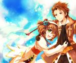  1girl ;d akamomo alvin_(tales_of_xillia) belt bike_shorts blue_background bow brown_eyes brown_hair coat cravat green_eyes hair_bow hairband leia_roland open_mouth short_hair smile tales_of_(series) tales_of_xillia wink 