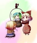  blonde_hair bow brown_eyes bucket byoubyou gradient_hair green_eyes green_hair hair_bobbles hair_bow hair_ornament in_bucket in_container kisume kurodani_yamame long_sleeves mizuhashi_parsee multicolored_hair multiple_girls open_mouth petting pointy_ears short_sleeves standing touhou trembling twintails 