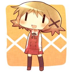  blush brown_hair chibi hair_ornament hairclip hidamari_sketch open_mouth school_uniform shoes short_hair smile solo thighhighs wideface yasai yuno zettai_ryouiki |_| 