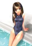  arm_support bare_shoulders brown_eyes brown_hair competition_swimsuit feet_in_water katahira_masashi leaning_back long_hair looking_at_viewer one-piece_swimsuit original pool poolside smile soaking_feet solo swimsuit water 