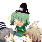  3girls 5p :3 blonde_hair blush dress earmuffs ghost_tail green_dress green_hair grey_hair hat japanese_clothes kariginu long_sleeves mononobe_no_futo multiple_girls multiple_tails open_mouth short_hair soga_no_tojiko tail tate_eboshi touhou toyosatomimi_no_miko white_background 