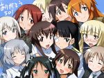  aqua_eyes black_hair blonde_hair blue_eyes brown_eyes charlotte_e_yeager eila_ilmatar_juutilainen erica_hartmann eyepatch francesca_lucchini gertrud_barkhorn grey_hair hair_ribbon lynette_bishop military military_uniform minna-dietlinde_wilcke miyafuji_yoshika orange_hair perrine_h_clostermann ponytail ribbon sakamoto_mio sanya_v_litvyak smile strike_witches takei_junko twintails uniform v yellow_eyes yumekaranigeruna 